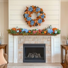 6ft Fall Hydrangea Garland with Blue Pumpkins – Autumn Artificial Floral Pump…