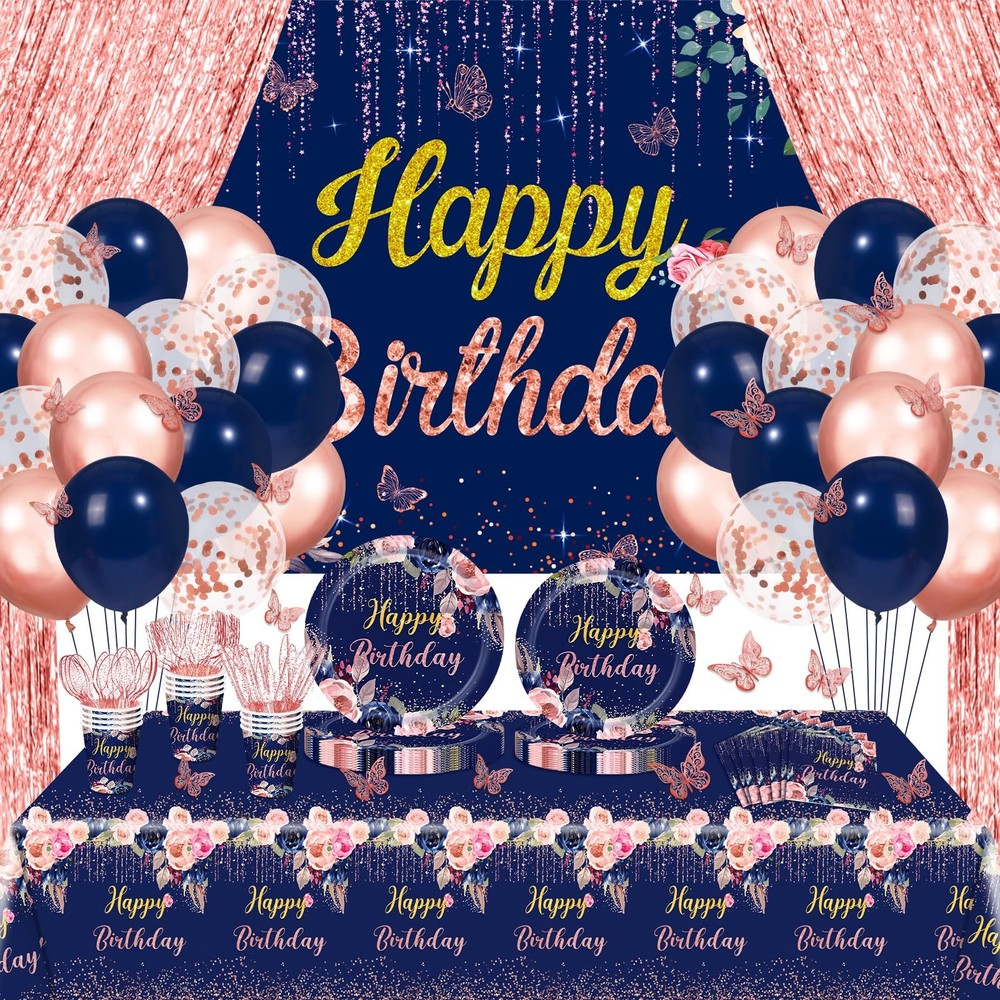 Navy Blue Rose Gold Birthday Decorations 30pcs Confetti Balloons – Floral Party