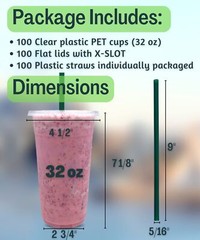 [100 SETS] 32 oz Clear Plastic Cups with Lids and STRAWS, Disposable Drinking…