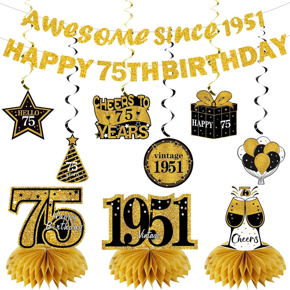Kuxriox 11Pcs 75th Birthday Decorations Kit for Men Women, Black Gold Happy 75th
