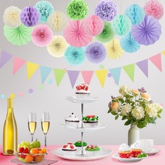 24 PCS Pastel Party Decorations Hanging Paper Fans Pom Poms Flowers Rainbow