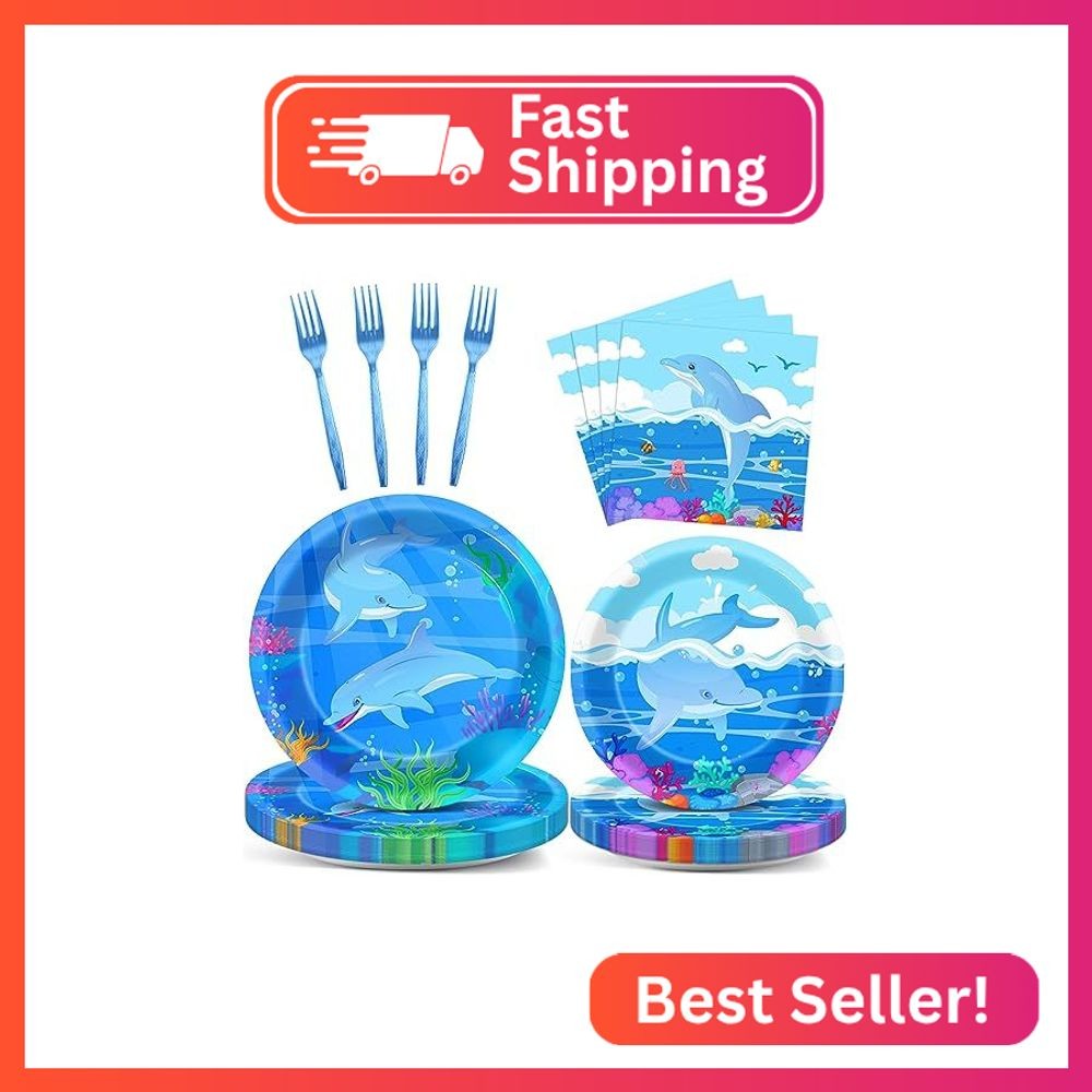 96 Pcs Dolphin Party Supplies Set Dolphin Plates Napkins Forks Ocean Disposable