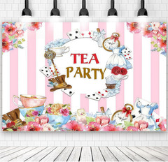 Alice in Wonderland Pink Tea Party Backdrop Photo Background Banner Decor