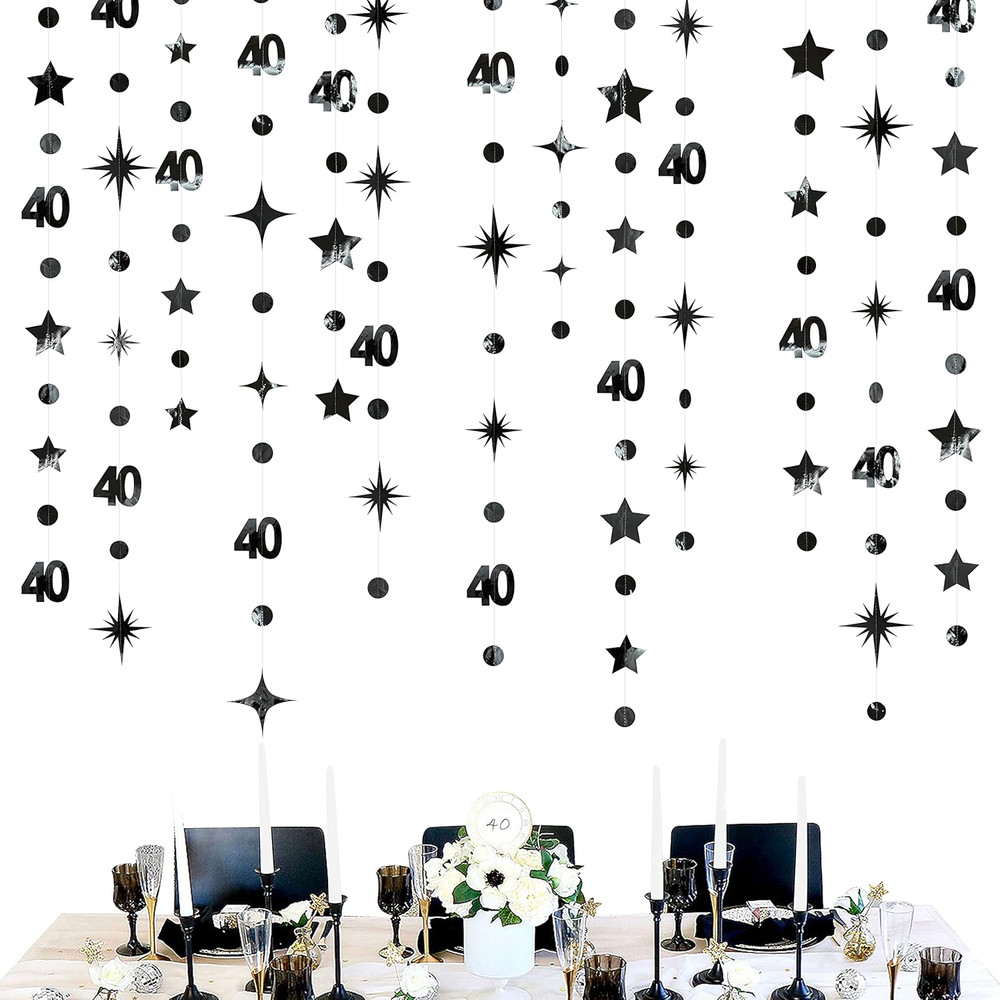 Black 40Th Birthday Decorations Number 40 Circle Dot Twinkle Star Garland Metall