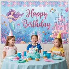 Lednica Mermaid Birthday Backdrop, 71 inches x 43 inches, Blue