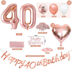 Rose Gold 40th Birthday Decorations Set for Women Banner, Number Balloon, Heart