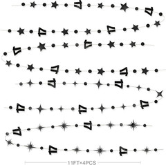 Black 17Th Birthday Decorations Number 17 Circle Dot Star Garland Streamer Banne