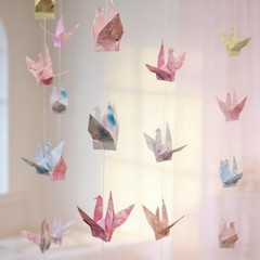 Pink Cherry Blossom Crane Hanging Garland(3stringsX 5.2ft), Japanese Origami …