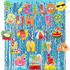 Complete Summer Party Set: Hello Summer Banner, Hanging Swirls & Foil Curtains