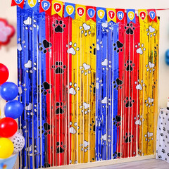 Paw Birthday Decorations,2Pack Blue Red Yellow Foil Fringe Curtains | Pawty Birt
