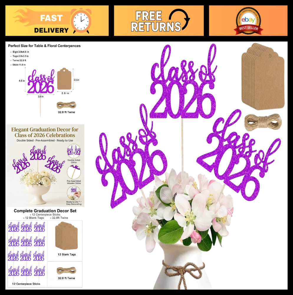 12 Pack Double Sided Graduation Centerpiece Sticks, Blank Kraft Tags & Twine – C