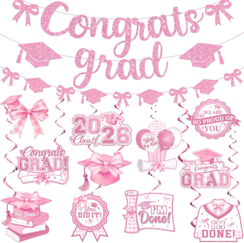 Pink Graduation Decorations – Bow Themed Congrats Grad Banner and Class of 2026