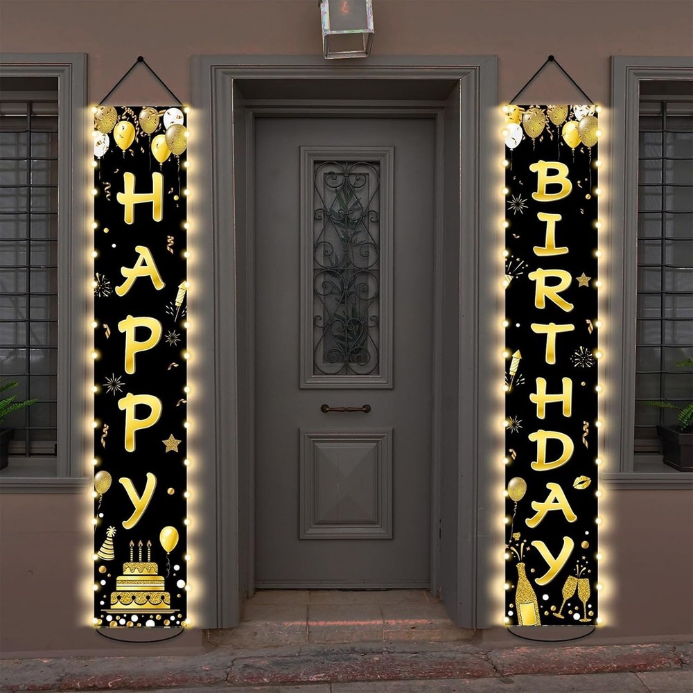 Black Gold Happy Birthday Banner with LED Lights Party Porch Door Decorations