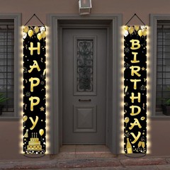 Black Gold Happy Birthday Banner with LED Lights Party Porch Door Decorations