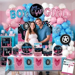Gender Reveal Decorations for 25 Guests – Burnouts or Bows Plates, Balloons, Bac