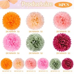 16 PCS Red Green Party Decorations Tissue Paper Flowers Pom Poms Wall Decor