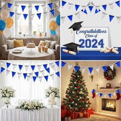 3P Blue Silver Party Decorations – Metallic Fabric Triangle Pennant Banner Fl…