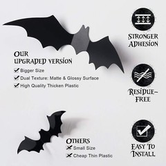 60PCS Halloween Bats Decoration 4 Different Sizes Realistic PVC Black 3D Scaroom