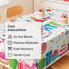 Birthday Table Cloth Rectangle Happy Birthday Gift Cake Washable Wipeable Polyes