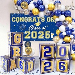 Navy Blue & Gold Graduation Decorations 2026 – Balloon Boxes, Garland Kit & Bann