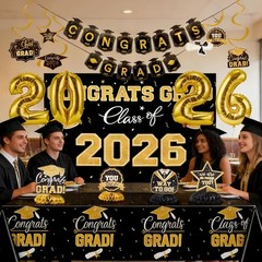 Graduation Decorations 2026 Set Black Gold with Congrats Grad Banner Backdrop…
