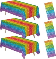 3-Pcs Rainbow Tablecloth Set 55×86 in Glitter for Birthday & Pride Celebrations