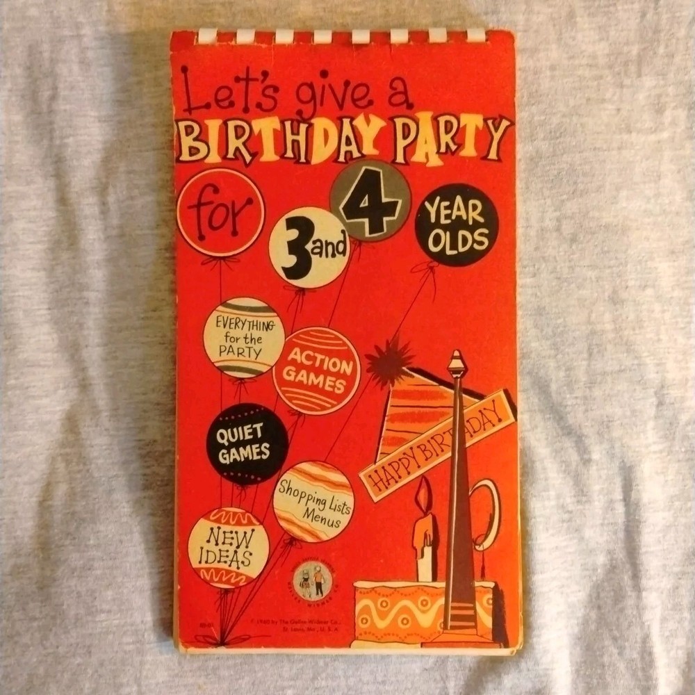 Vtg let’s give a birthday party for 3 & 4 year old 1960 Spiral Bound Games Menu