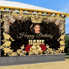 1pc Luxury Golden Crown Roses Birthday Party Backdrop Custom Text Tapestry♪