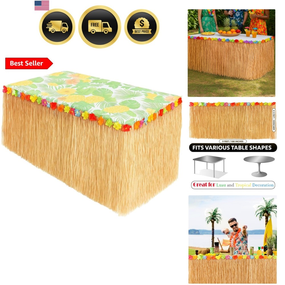9 Feet x 29.5″ Luau Grass Table Skirt – Hawaiian Theme Party Skirt with Hibis…