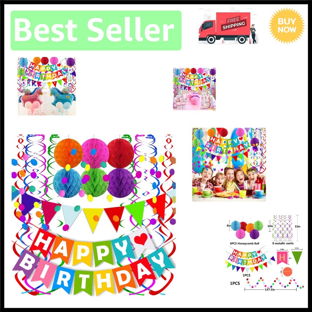 Vibrant Birthday Banner with Triangle Flags, Honeycomb Balls & Confetti Garland