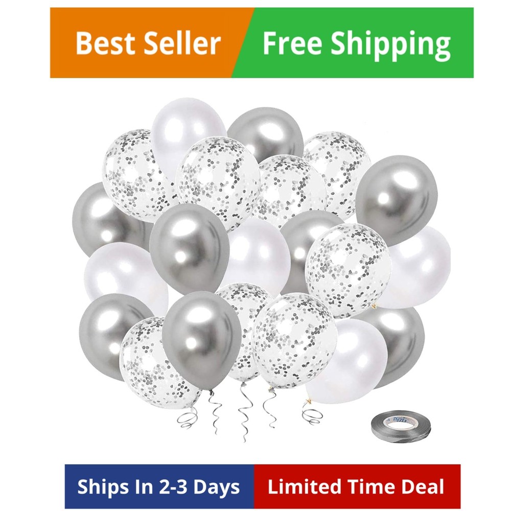50 Pack White Silver Confetti Balloons 12 Inch Metallic Party Decor Ribbon
