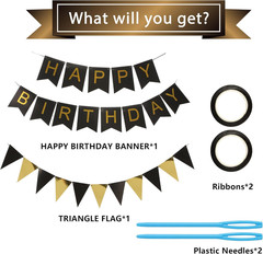 Black and Gold Striped Banner with Triangular Flag Set | Birthday Party Decorati