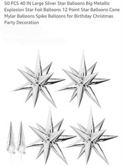 50 Pc 40″ Silver Star Explosion Metallic Mylar 12 Point Foil Cone Spike Balloons