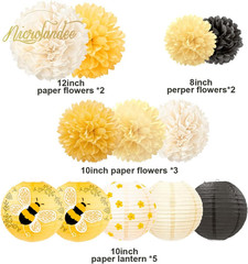 Bee Party Decorations, 12PCS Yellow Hanging Paper Lanterns Tissue Pom Poms Decor