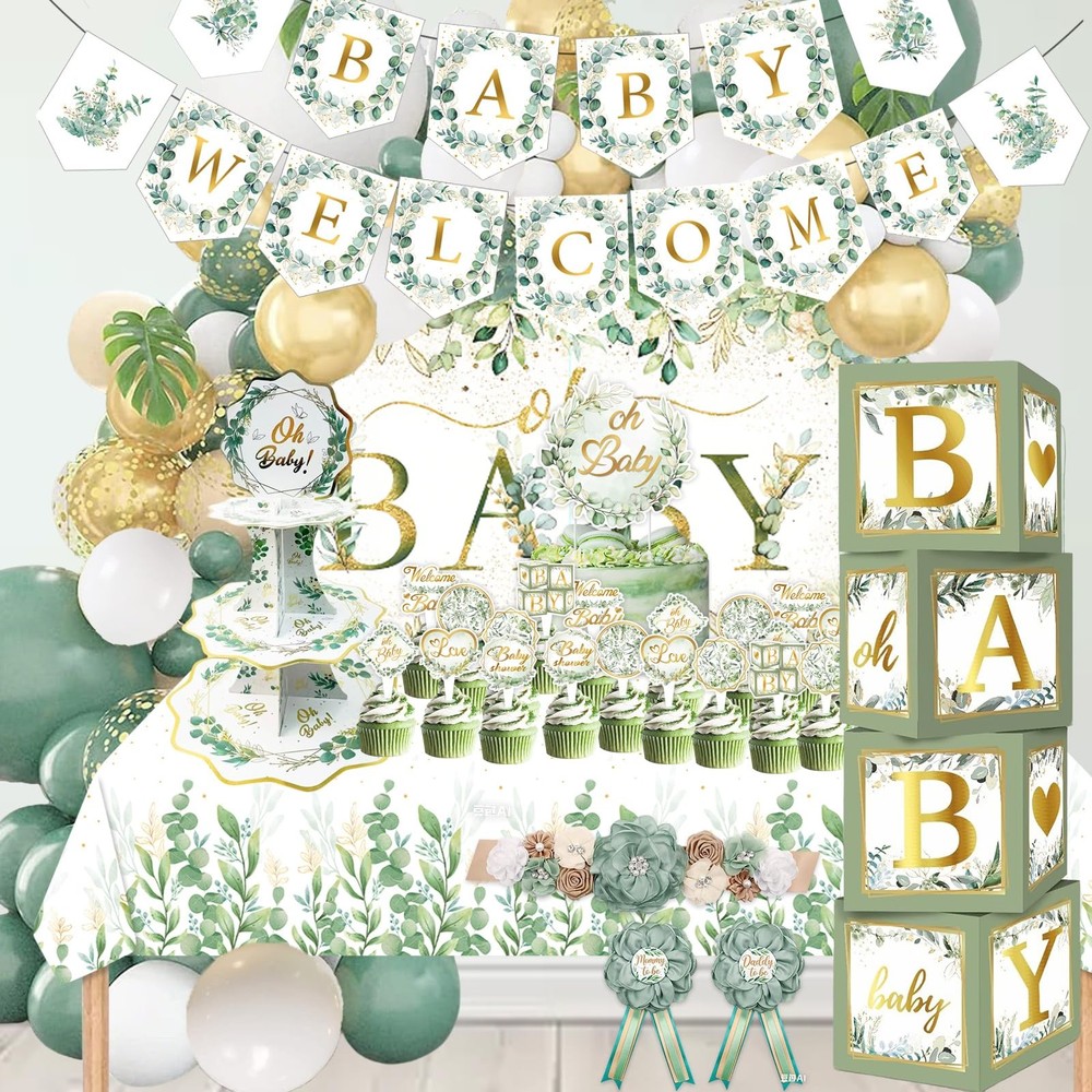 Sage Green 172pcs Gender Neutral Baby Shower Decorations – Boho Greenery Part…