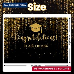 Class of 2026 Graduation Backdrop Black Gold Glitter 7x5ft Photo Booth