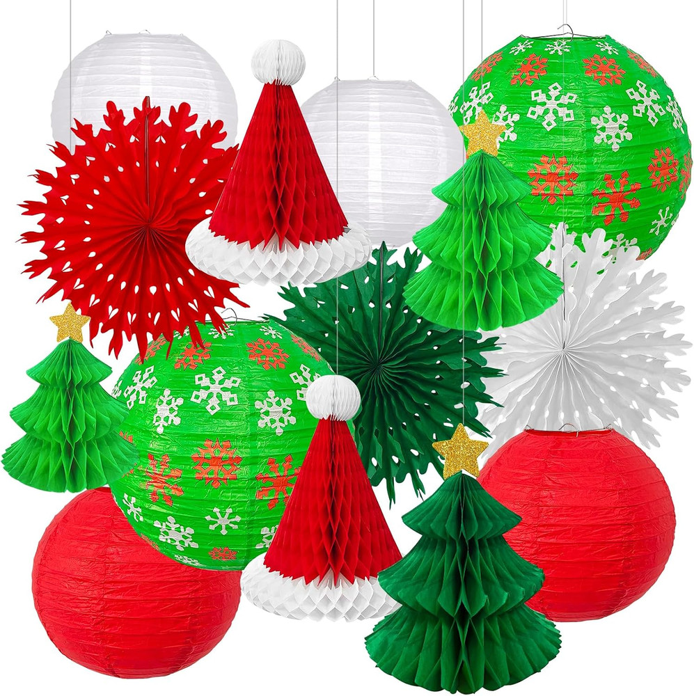 14PCS Christmas Honeycomb Hanging Paper Lantern Decorations Set, Pine Tree Star