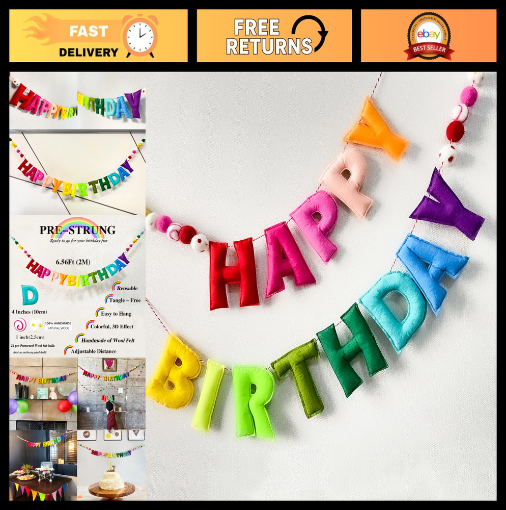 Happy Birthday Banner – Reusable Felt Ball Garland, Rainbow Party Decor, Kids Ro