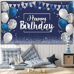 Blue Silver Happy Birthday Decorations Banner Backdrop for Men Women Boys Girls