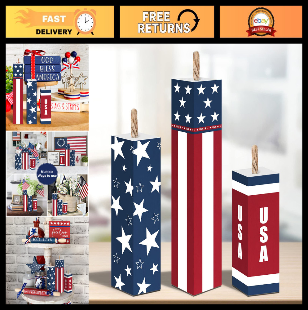 4th of July Firecracker Decorations – Rustic Patriotic Tiered Tray Decor, Indepe