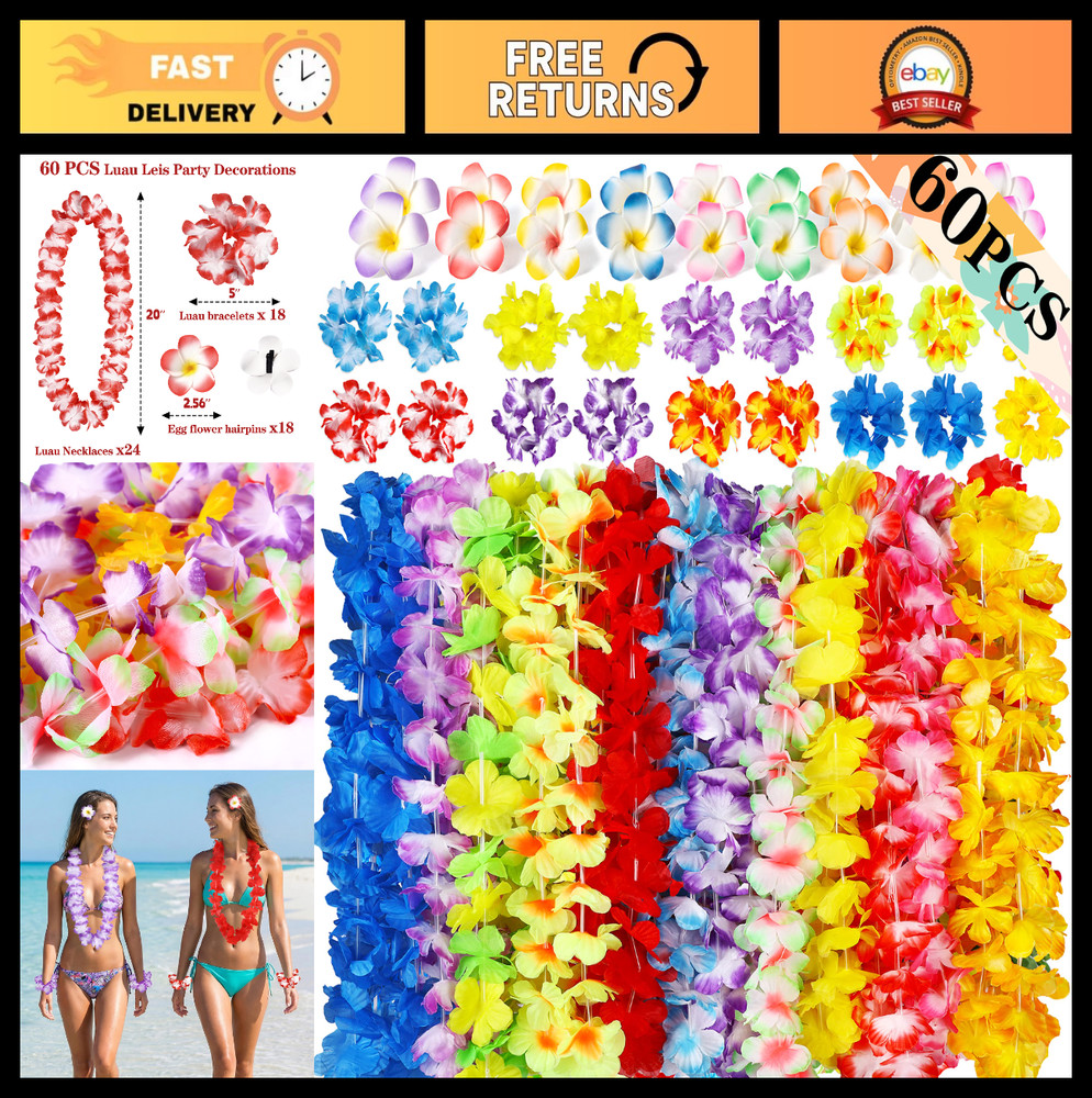 60PCS Hawaiian Luau Party Decorations Set – Tropical Flower Leis, Necklaces, Bra