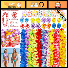60PCS Hawaiian Luau Party Decorations Set – Tropical Flower Leis, Necklaces, Bra