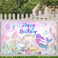 Mermaid Happy Birthday Backdrop under the Sea Birthday Party Decorations Little