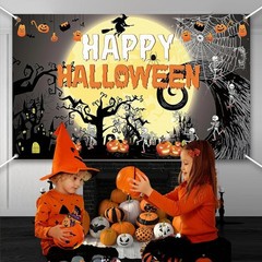 Happy Birthday Halloween Backdrop,Horror Theme Pumpkin,Ghouls,spide,Moon,Witch P