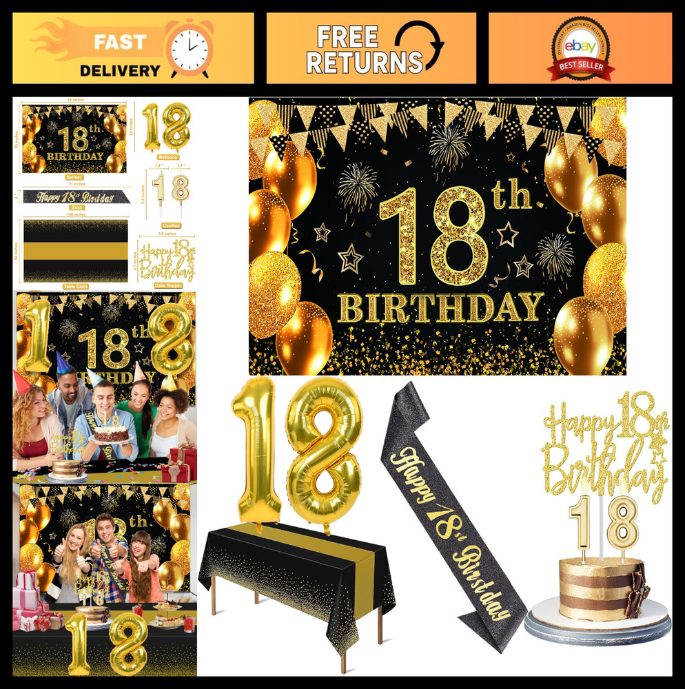 18th Birthday Party Decorations Set – Black & Gold Banner, Balloons, Sash, Cake