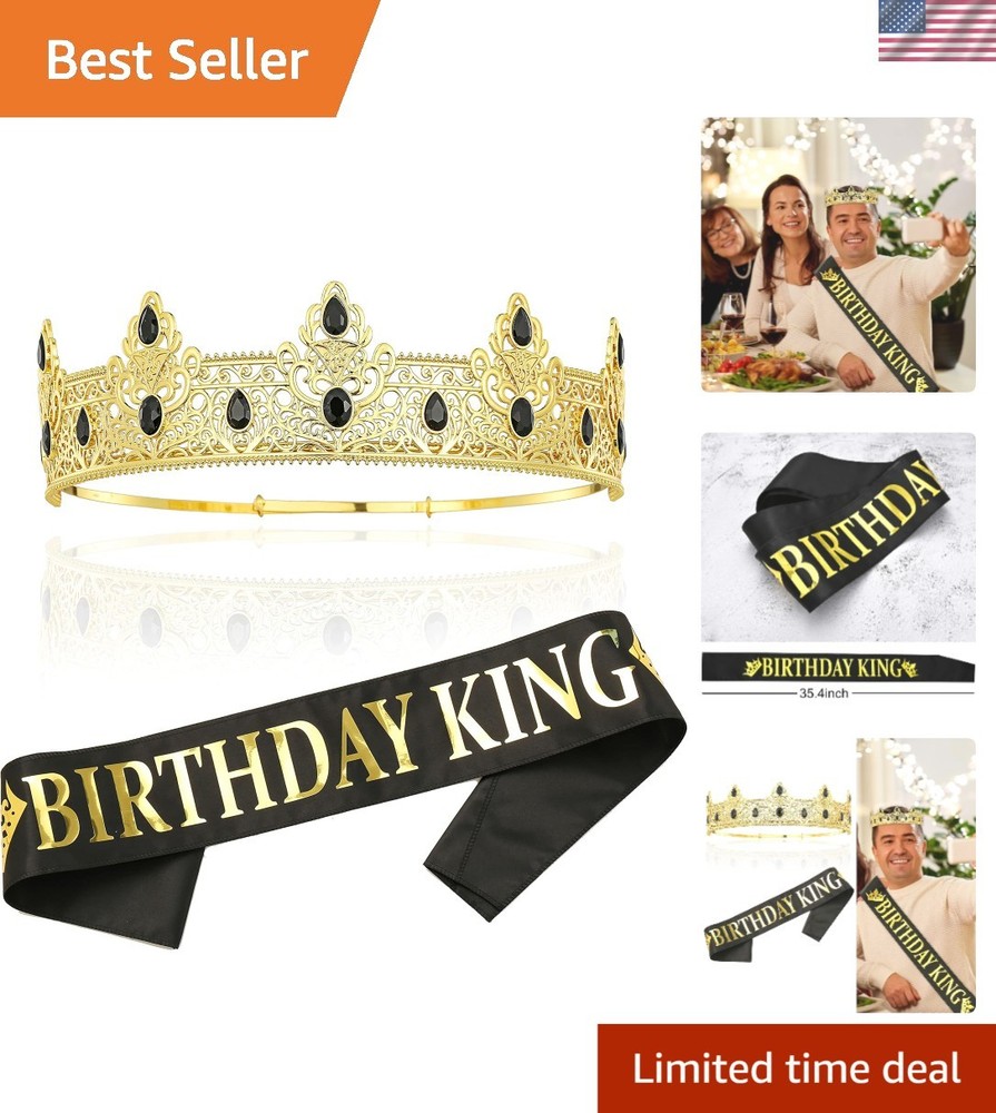 King Crown and Birthday Sash Gift Set for Men Gold Celebration Accessories