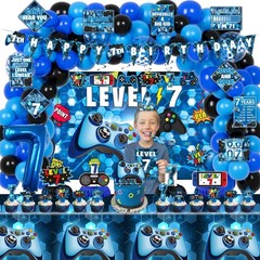 7th Birthday Decorations for Boys, 149Pcs Blue Video Game level 7 Party Suppl…