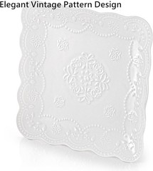 Tebery Set of 4 Square Embossed Ceramic Plate, 10 10 Inch Large, Ivory White