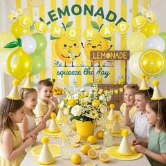 Lemonade Stand Supplies Kit with Lemonade Sign Banner and Lemon Balloons, Lemona
