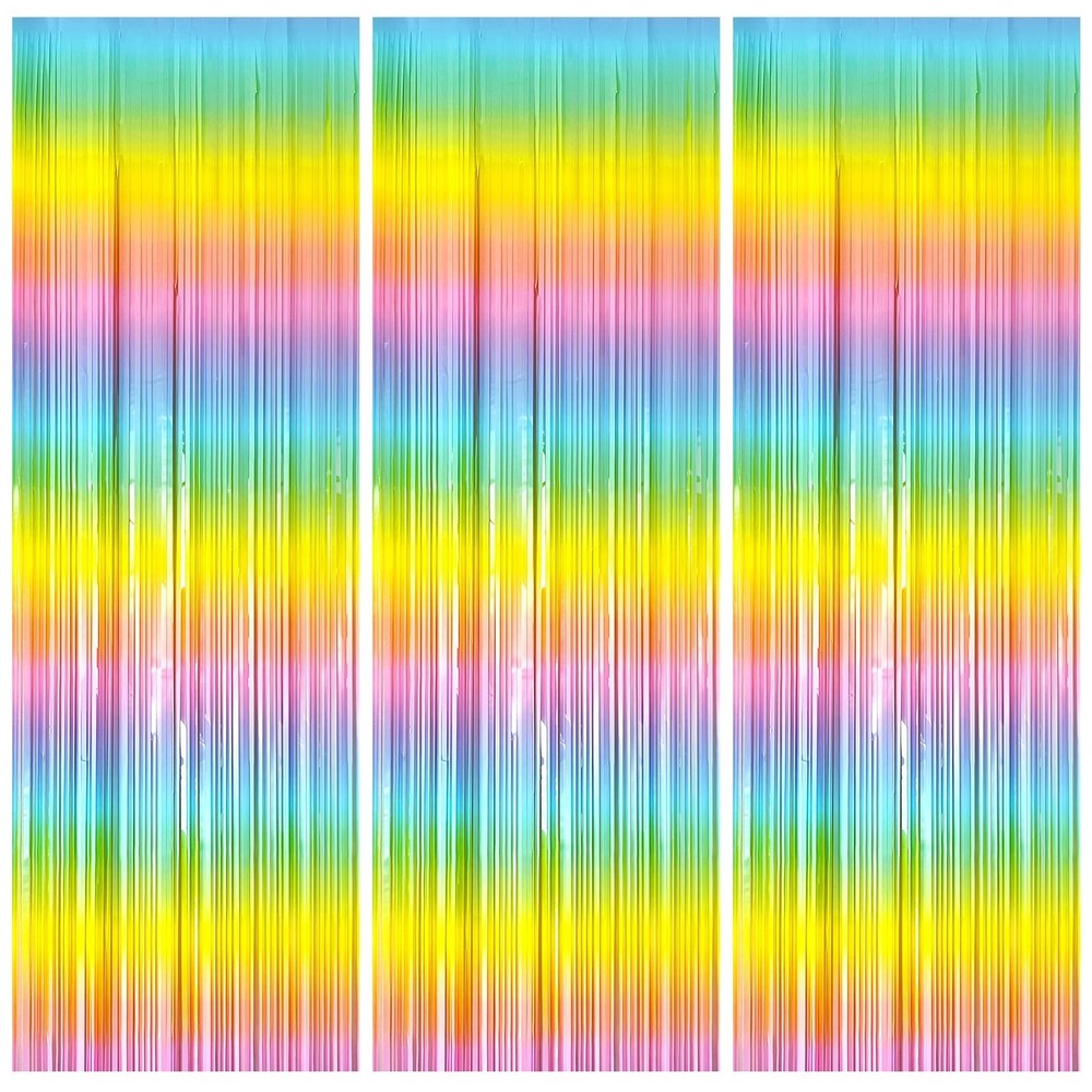 3 Pack Backdrop Pastel Rainbow Foil Fringe Backdrop Curtains Dance Party Deco…
